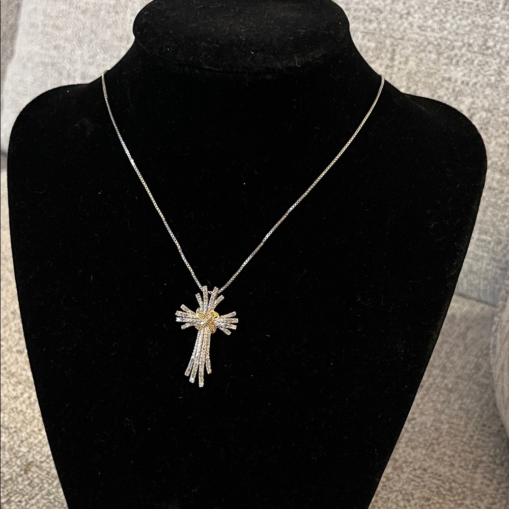 Sterling Silver and‎ Gold Cross Diamond Pendant Necklace - Picture 2 of 7